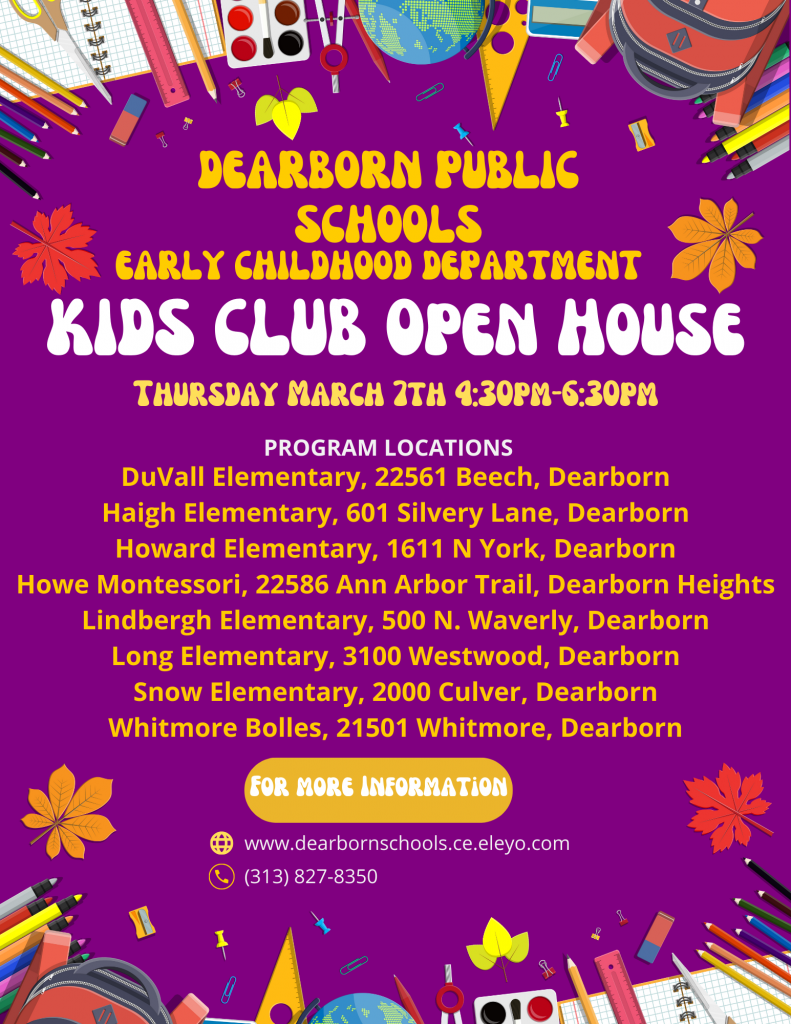Flier for Kids Club open houses on March 7, 2024