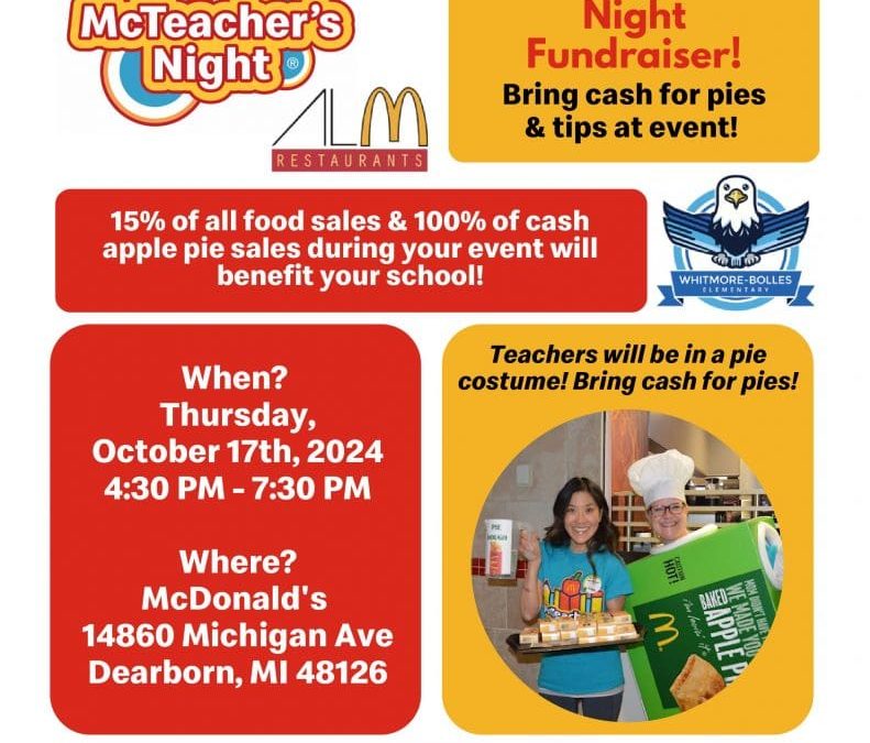 McTeacher’s Night; 10/17 @ 4:30 – 7:30 PM