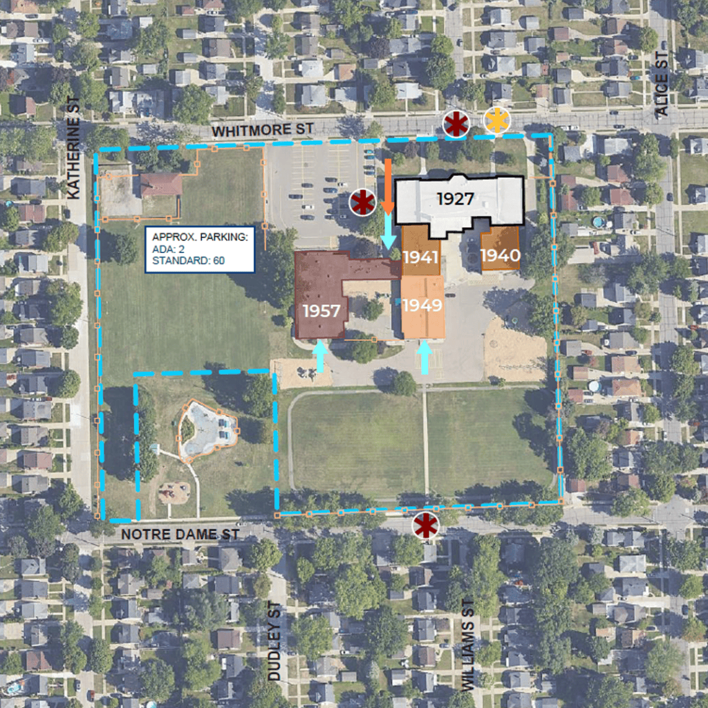 An illustration showing the years different parts of Whitmore Bolles Elementary School were constructed including 1927, 1940, 1949, and 1957.